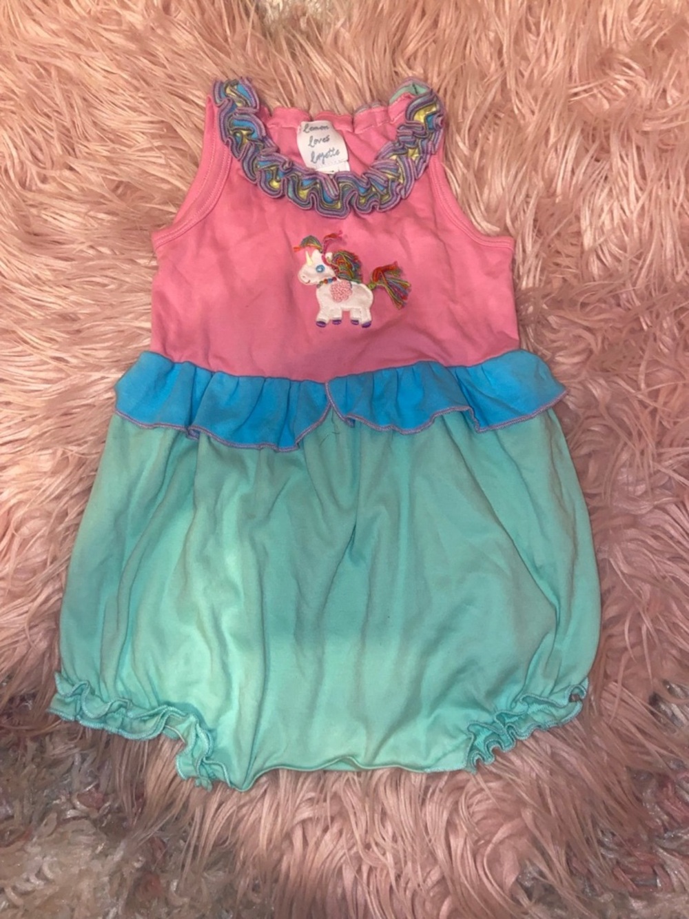 Baby girl romper bubble Lemon Loves Layette size 12-18 months unicorn pink green